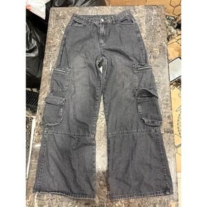 Romwe Womens Wide Leg Cargo Jeans Washed Black Baggy High Rise Pants Size L 8/10